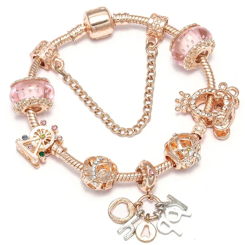Rose Gold HAPPY Pendant Charm Bracelets Bangles Women Silver Plated Bracelet Handmade Jewelry Crystal