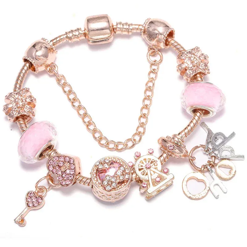 Rose Gold HAPPY Pendant Charm Bracelets Bangles Women Silver Plated Bracelet Handmade Jewelry Crystal