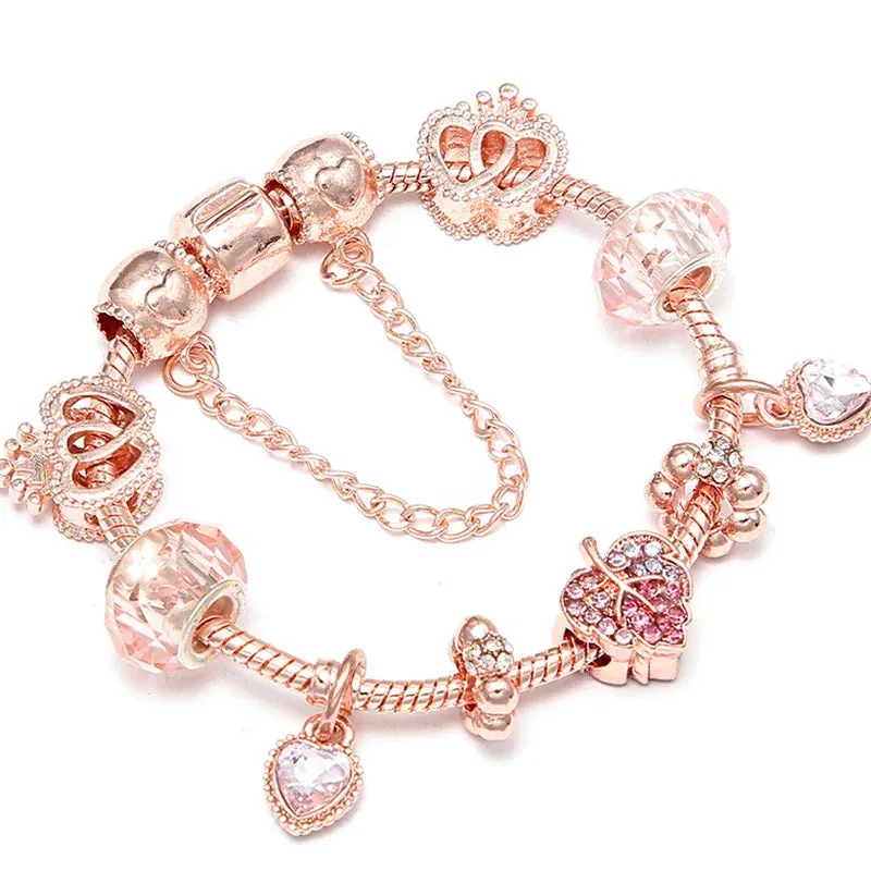 Rose Gold HAPPY Pendant Charm Bracelets Bangles Women Silver Plated Bracelet Handmade Jewelry Crystal