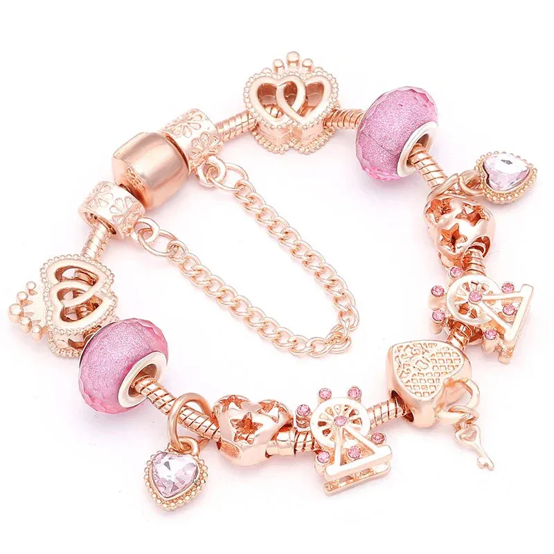 Rose Gold HAPPY Pendant Charm Bracelets Bangles Women Silver Plated Bracelet Handmade Jewelry Crystal
