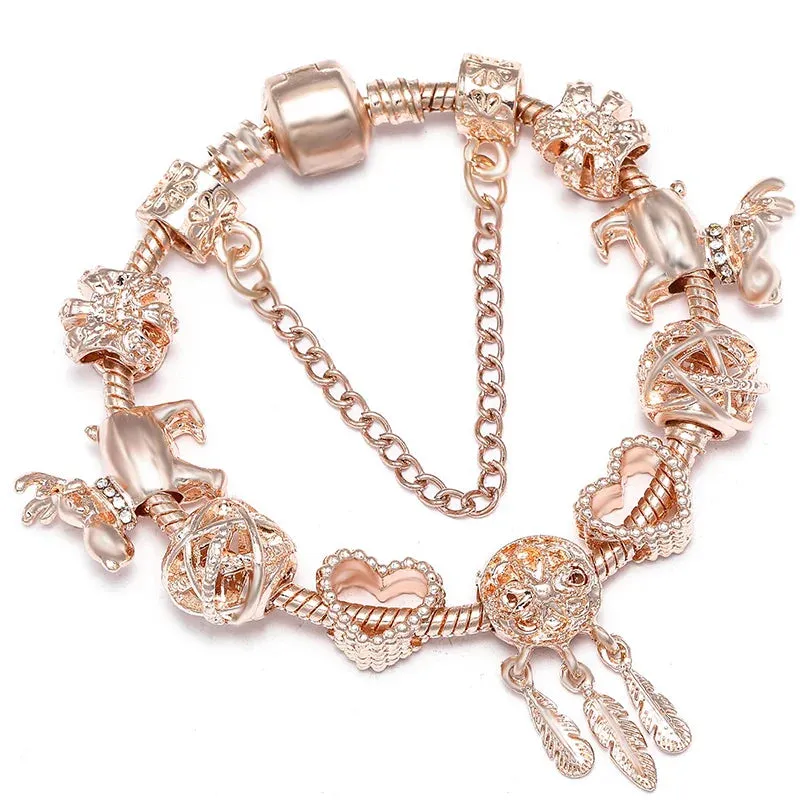 Rose Gold HAPPY Pendant Charm Bracelets Bangles Women Silver Plated Bracelet Handmade Jewelry Crystal