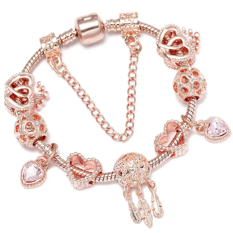 Rose Gold HAPPY Pendant Charm Bracelets Bangles Women Silver Plated Bracelet Handmade Jewelry Crystal