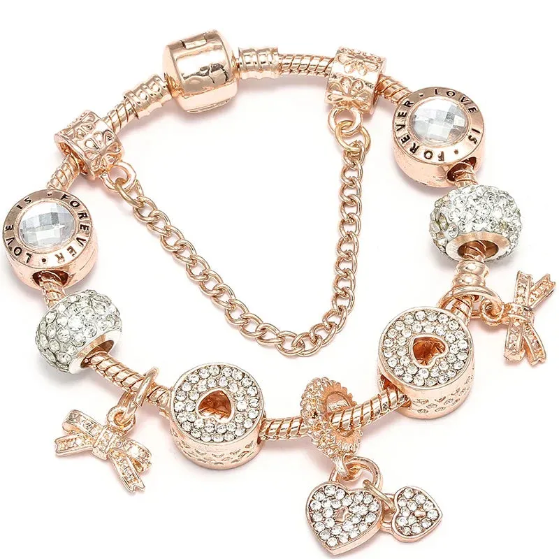 Rose Gold HAPPY Pendant Charm Bracelets Bangles Women Silver Plated Bracelet Handmade Jewelry Crystal