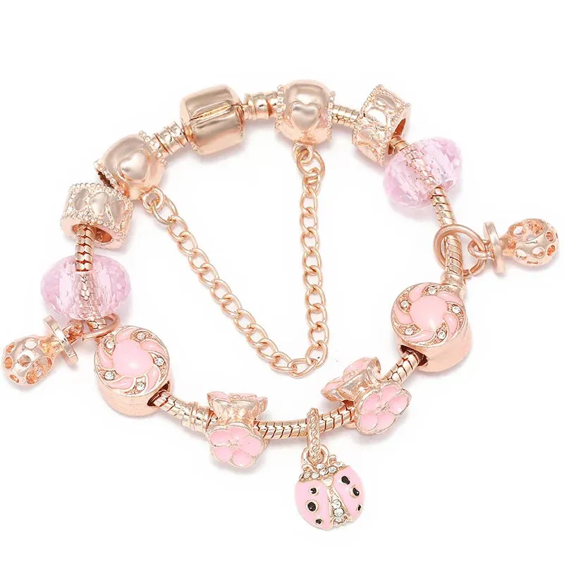 Rose Gold HAPPY Pendant Charm Bracelets Bangles Women Silver Plated Bracelet Handmade Jewelry Crystal