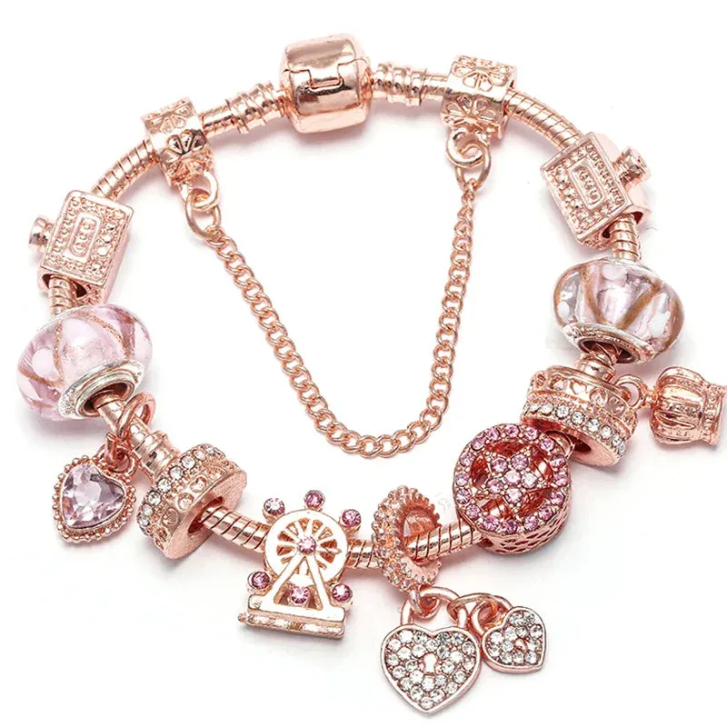 Rose Gold HAPPY Pendant Charm Bracelets Bangles Women Silver Plated Bracelet Handmade Jewelry Crystal