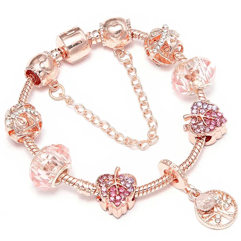 Rose Gold HAPPY Pendant Charm Bracelets Bangles Women Silver Plated Bracelet Handmade Jewelry Crystal