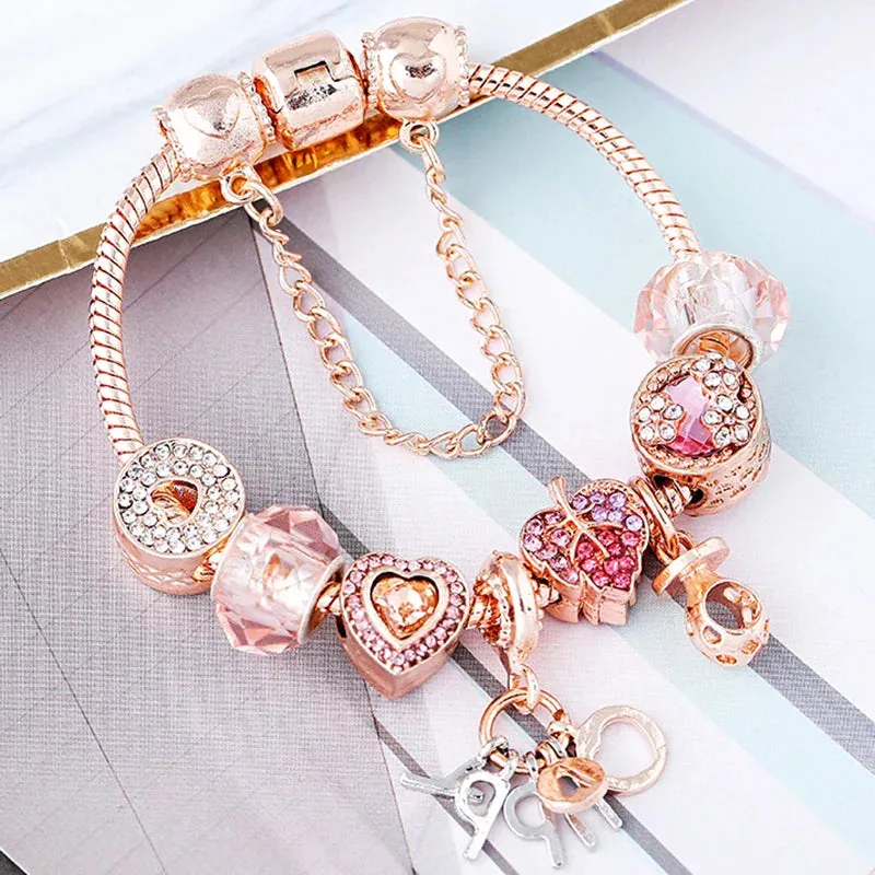 Rose Gold HAPPY Pendant Charm Bracelets Bangles Women Silver Plated Bracelet Handmade Jewelry Crystal