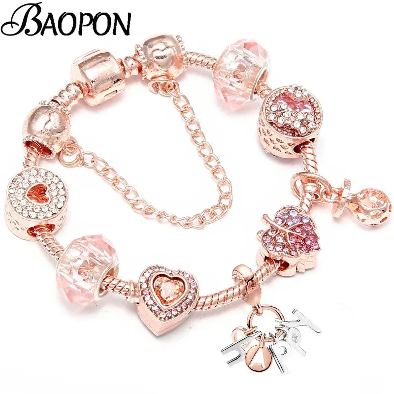Rose Gold HAPPY Pendant Charm Bracelets Bangles Women Silver Plated Bracelet Handmade Jewelry Crystal