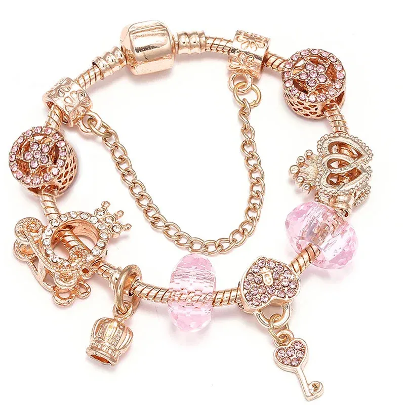 Rose Gold HAPPY Pendant Charm Bracelets Bangles Women Silver Plated Bracelet Handmade Jewelry Crystal