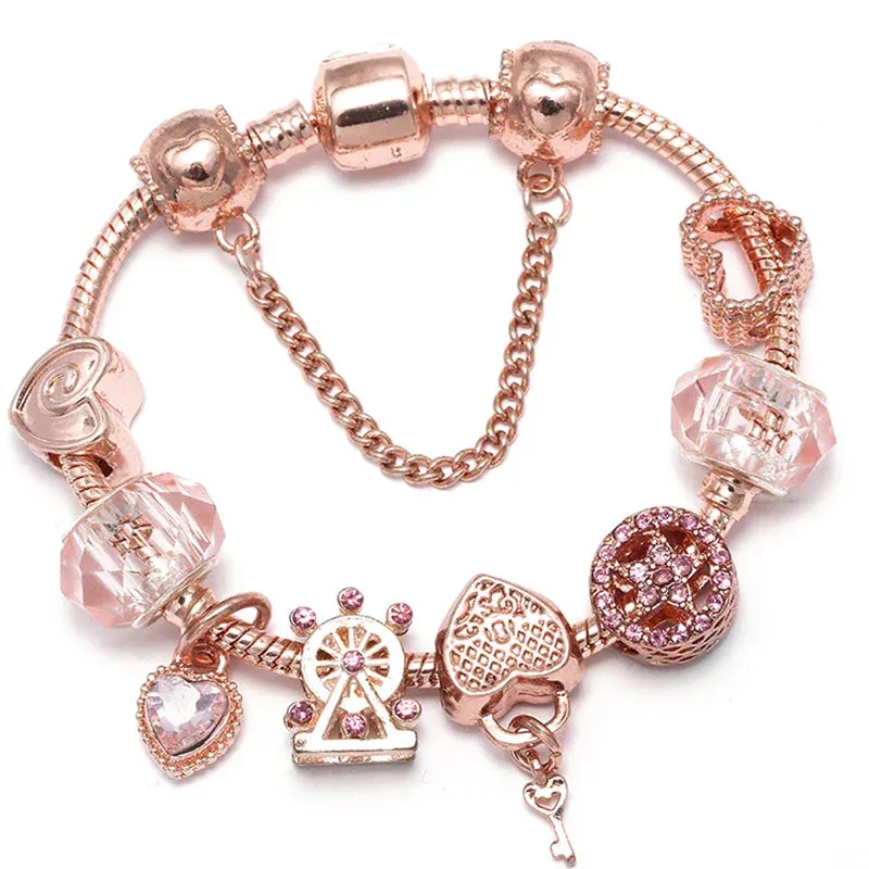 Rose Gold HAPPY Pendant Charm Bracelets Bangles Women Silver Plated Bracelet Handmade Jewelry Crystal