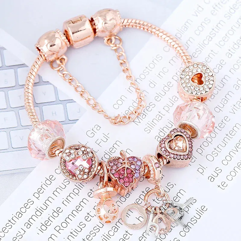 Rose Gold HAPPY Pendant Charm Bracelets Bangles Women Silver Plated Bracelet Handmade Jewelry Crystal