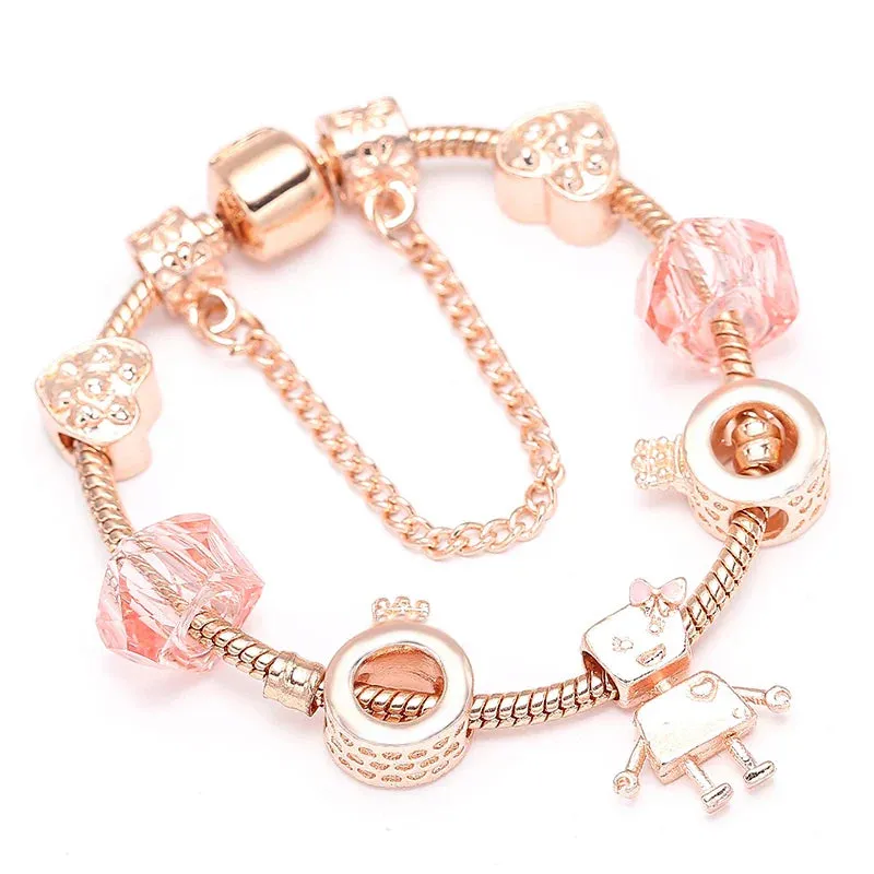 Rose Gold HAPPY Pendant Charm Bracelets Bangles Women Silver Plated Bracelet Handmade Jewelry Crystal