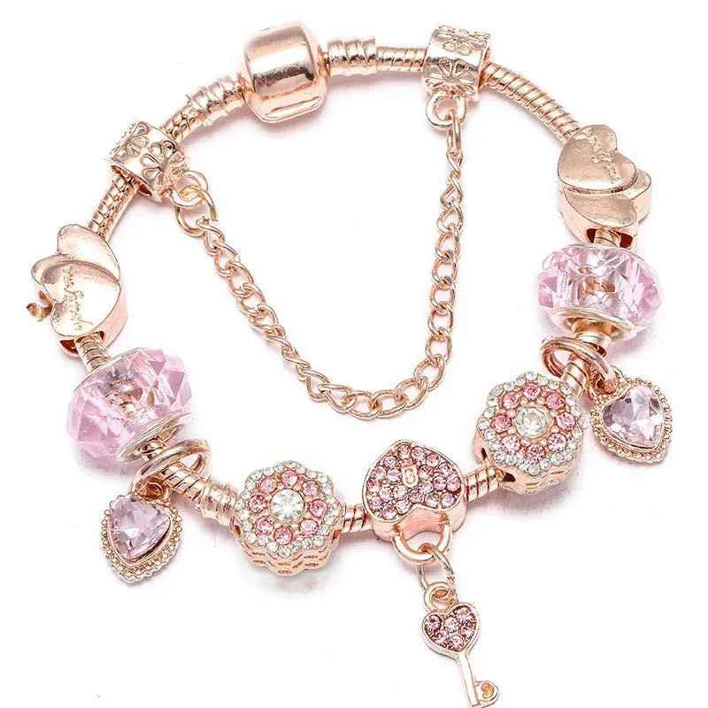 Rose Gold HAPPY Pendant Charm Bracelets Bangles Women Silver Plated Bracelet Handmade Jewelry Crystal