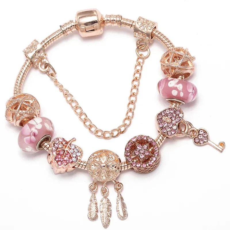 Rose Gold HAPPY Pendant Charm Bracelets Bangles Women Silver Plated Bracelet Handmade Jewelry Crystal