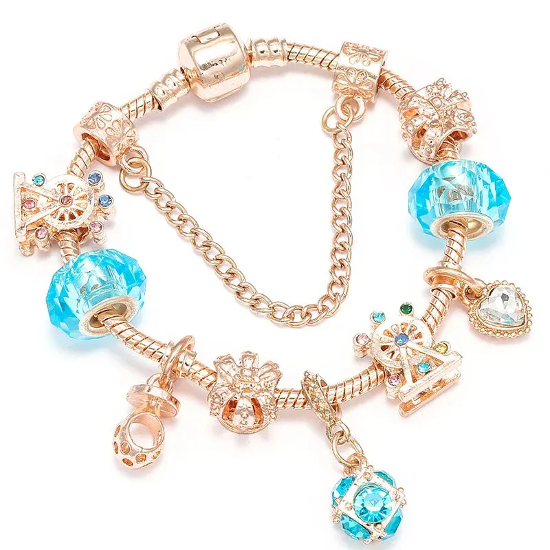 Rose Gold HAPPY Pendant Charm Bracelets Bangles Women Silver Plated Bracelet Handmade Jewelry Crystal