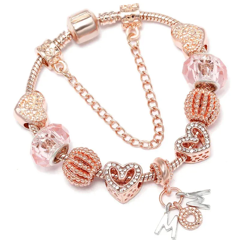 Rose Gold HAPPY Pendant Charm Bracelets Bangles Women Silver Plated Bracelet Handmade Jewelry Crystal