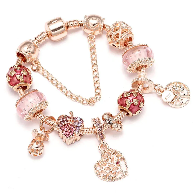 Rose Gold HAPPY Pendant Charm Bracelets Bangles Women Silver Plated Bracelet Handmade Jewelry Crystal
