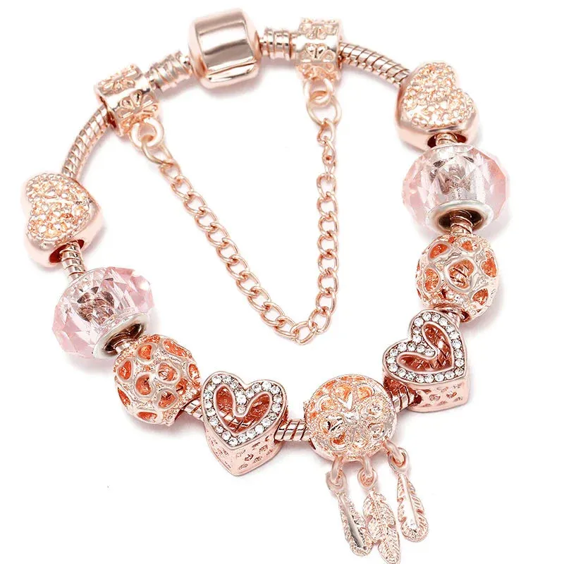 Rose Gold HAPPY Pendant Charm Bracelets Bangles Women Silver Plated Bracelet Handmade Jewelry Crystal