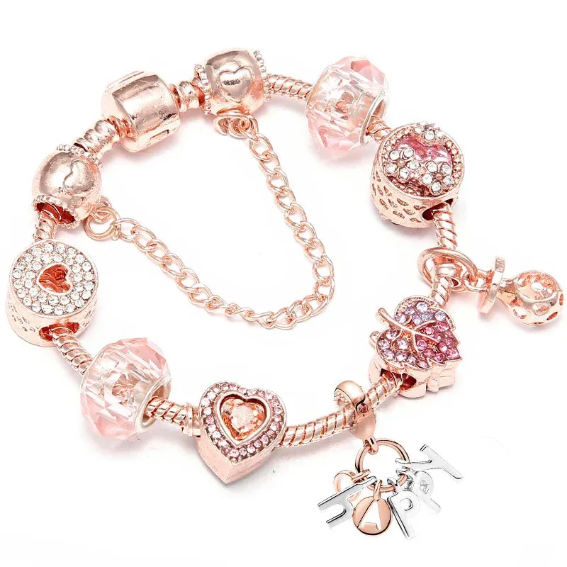 Rose Gold HAPPY Pendant Charm Bracelets Bangles Women Silver Plated Bracelet Handmade Jewelry Crystal