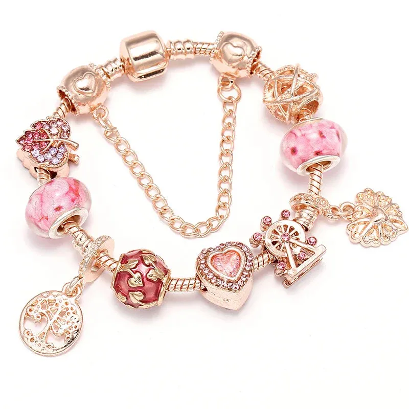 Rose Gold HAPPY Pendant Charm Bracelets Bangles Women Silver Plated Bracelet Handmade Jewelry Crystal