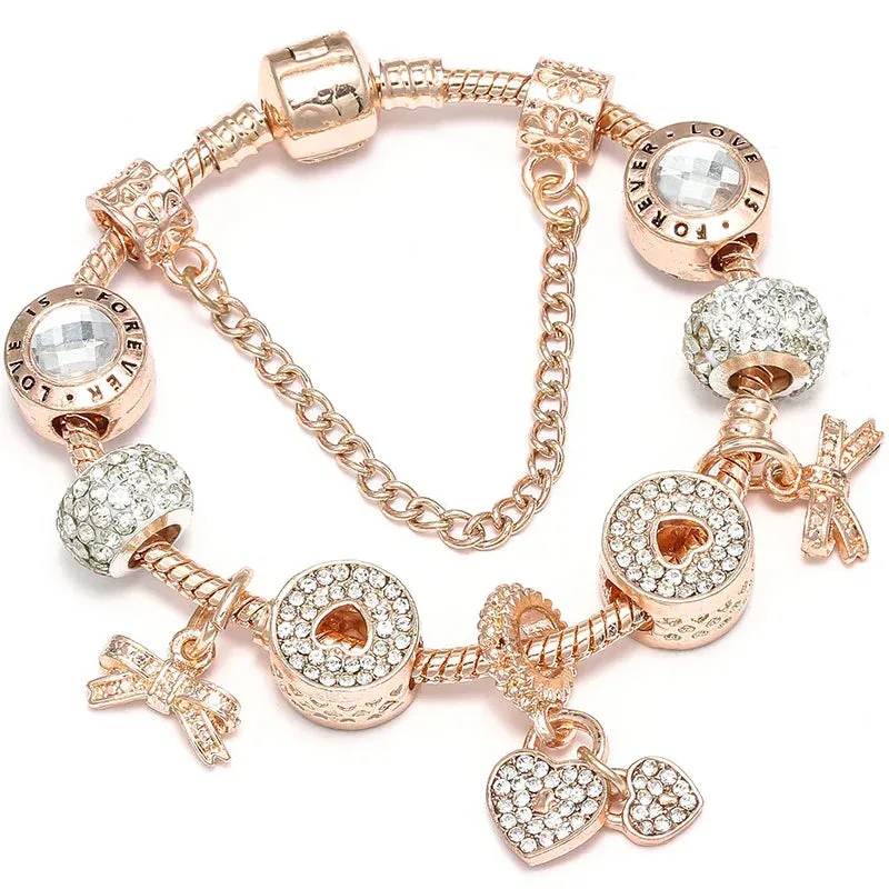 Rose Gold HAPPY Pendant Charm Bracelets Bangles Women Silver Plated Bracelet Handmade Jewelry Crystal