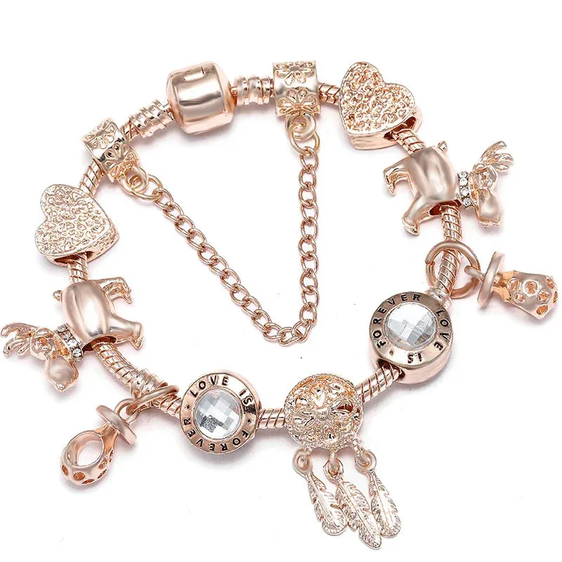 Rose Gold HAPPY Pendant Charm Bracelets Bangles Women Silver Plated Bracelet Handmade Jewelry Crystal