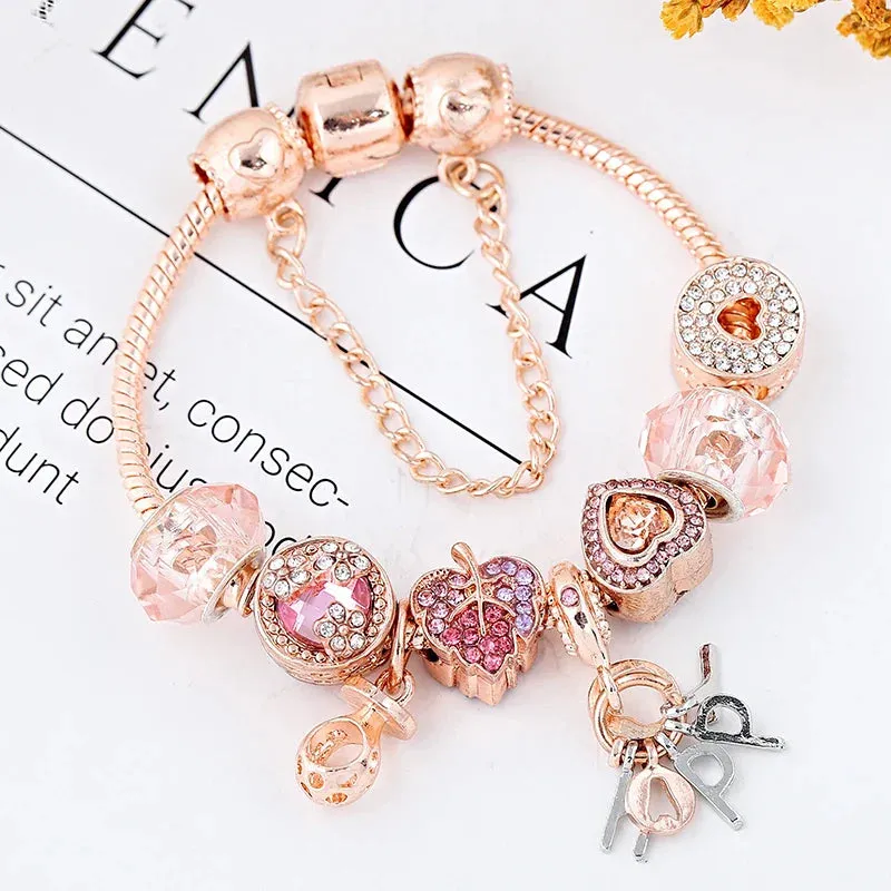 Rose Gold HAPPY Pendant Charm Bracelets Bangles Women Silver Plated Bracelet Handmade Jewelry Crystal