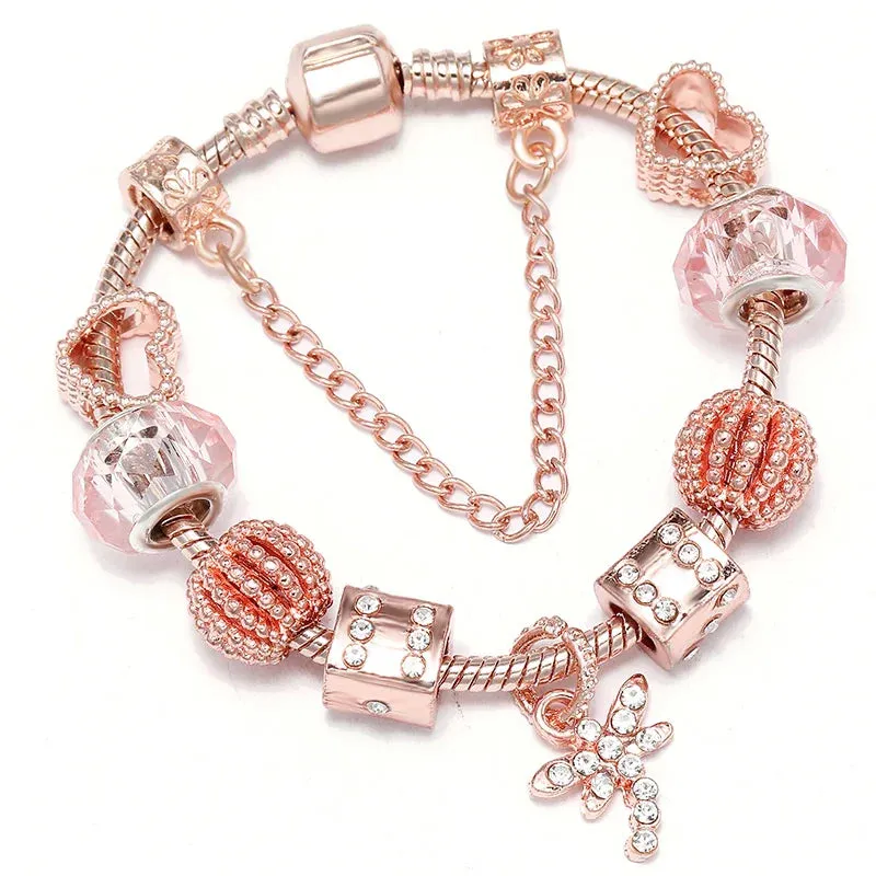 Rose Gold HAPPY Pendant Charm Bracelets Bangles Women Silver Plated Bracelet Handmade Jewelry Crystal