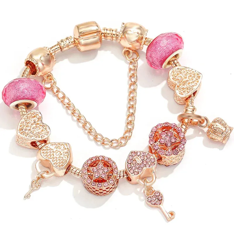 Rose Gold HAPPY Pendant Charm Bracelets Bangles Women Silver Plated Bracelet Handmade Jewelry Crystal