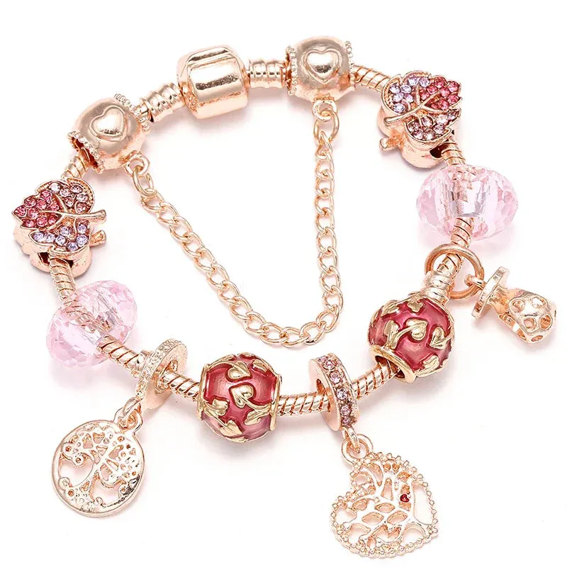 Rose Gold HAPPY Pendant Charm Bracelets Bangles Women Silver Plated Bracelet Handmade Jewelry Crystal