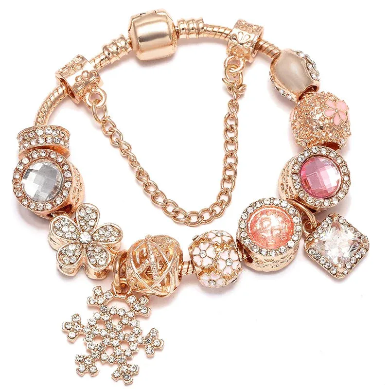 Rose Gold HAPPY Pendant Charm Bracelets Bangles Women Silver Plated Bracelet Handmade Jewelry Crystal