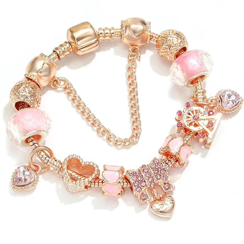 Rose Gold HAPPY Pendant Charm Bracelets Bangles Women Silver Plated Bracelet Handmade Jewelry Crystal