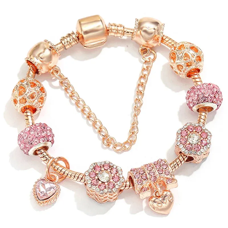 Rose Gold HAPPY Pendant Charm Bracelets Bangles Women Silver Plated Bracelet Handmade Jewelry Crystal
