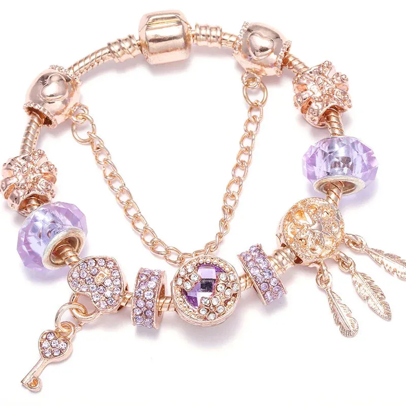 Rose Gold HAPPY Pendant Charm Bracelets Bangles Women Silver Plated Bracelet Handmade Jewelry Crystal