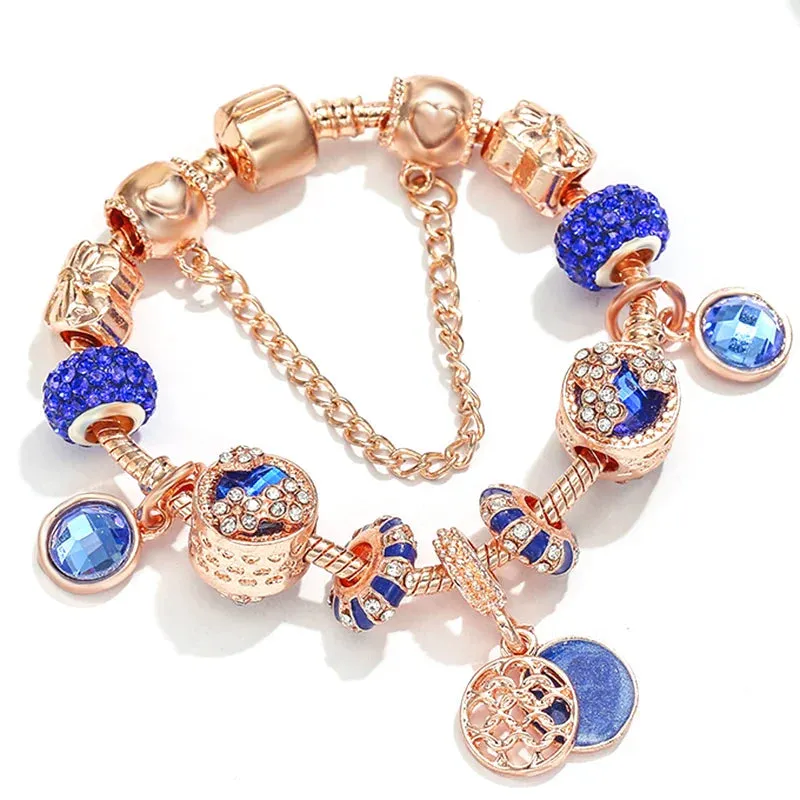 Rose Gold HAPPY Pendant Charm Bracelets Bangles Women Silver Plated Bracelet Handmade Jewelry Crystal