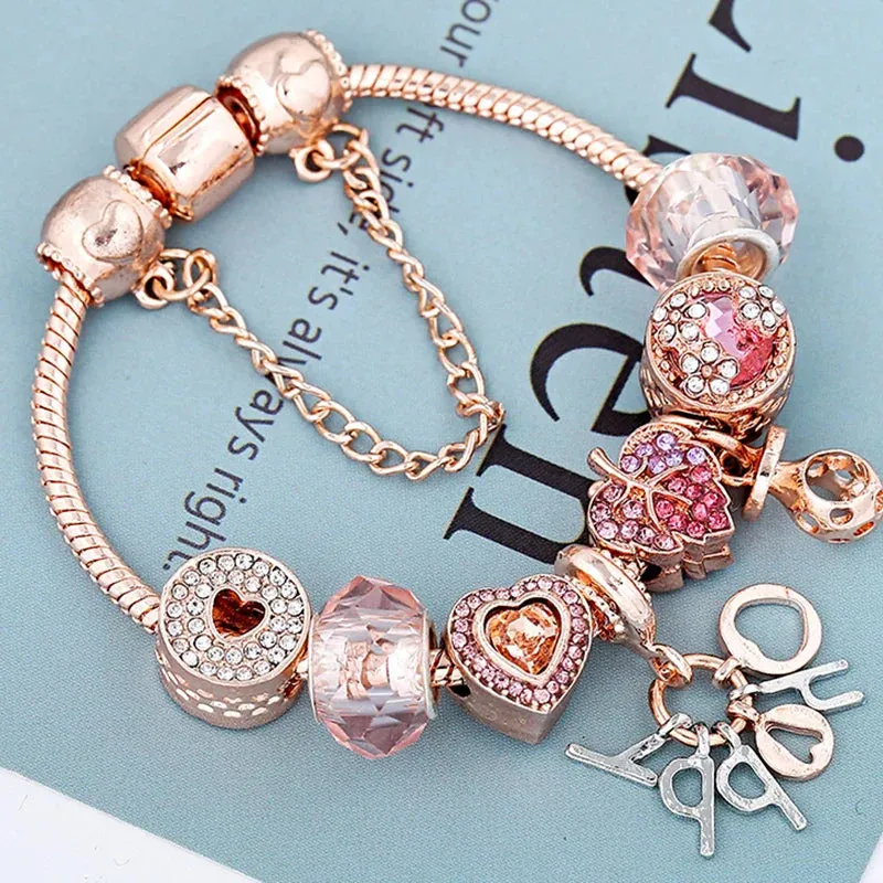 Rose Gold HAPPY Pendant Charm Bracelets Bangles Women Silver Plated Bracelet Handmade Jewelry Crystal