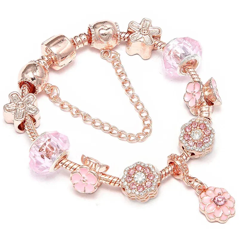 Rose Gold HAPPY Pendant Charm Bracelets Bangles Women Silver Plated Bracelet Handmade Jewelry Crystal