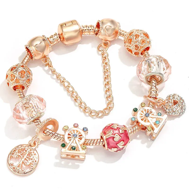 Rose Gold HAPPY Pendant Charm Bracelets Bangles Women Silver Plated Bracelet Handmade Jewelry Crystal