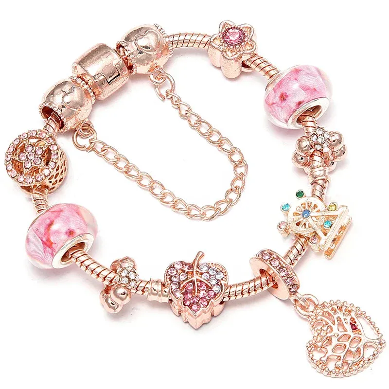 Rose Gold HAPPY Pendant Charm Bracelets Bangles Women Silver Plated Bracelet Handmade Jewelry Crystal