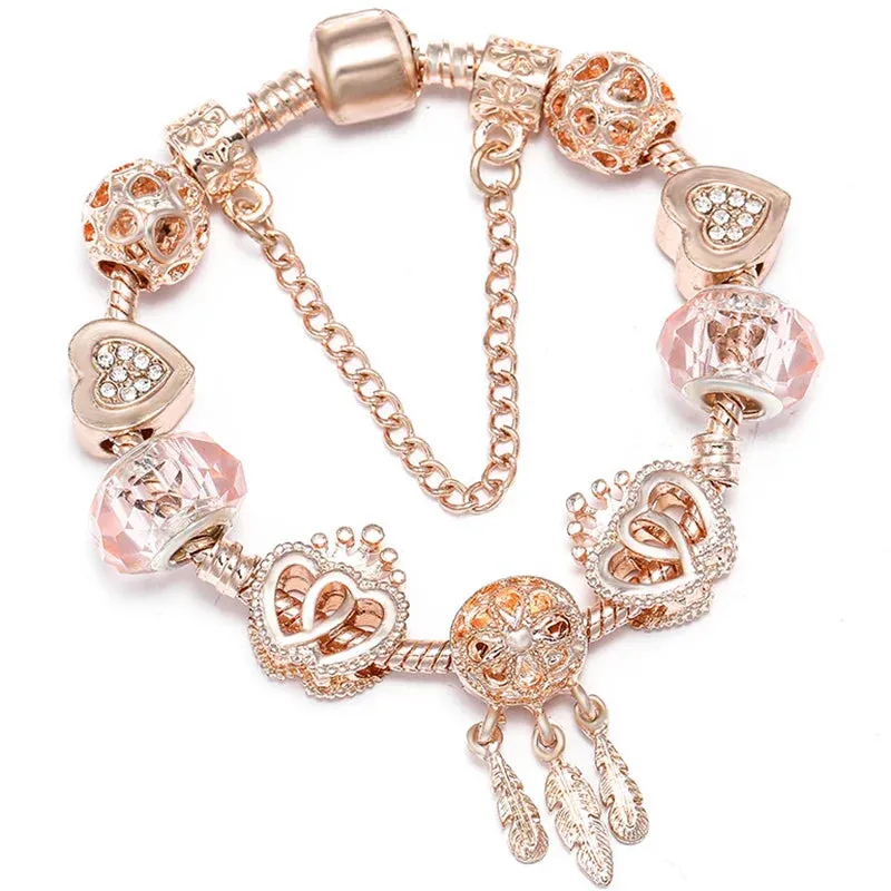 Rose Gold HAPPY Pendant Charm Bracelets Bangles Women Silver Plated Bracelet Handmade Jewelry Crystal