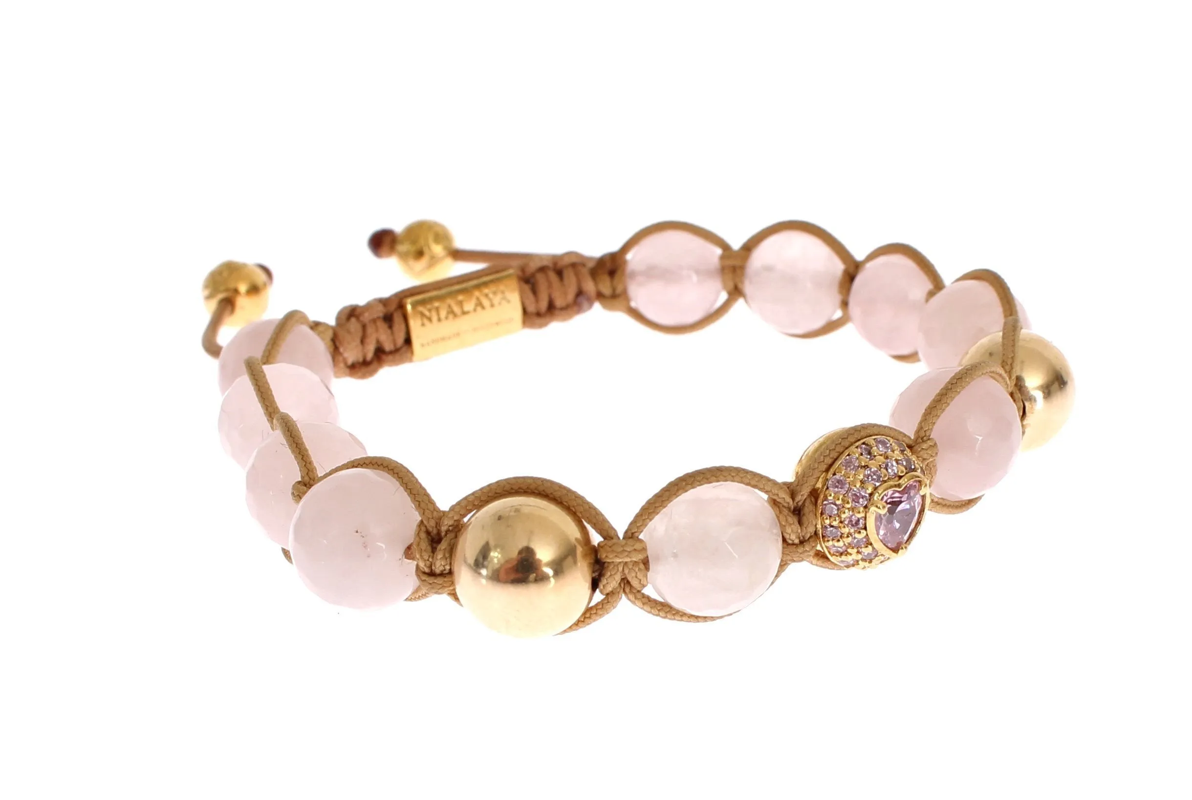 Rose Quartz CZ Heart Gold 925 Silver Bracelet