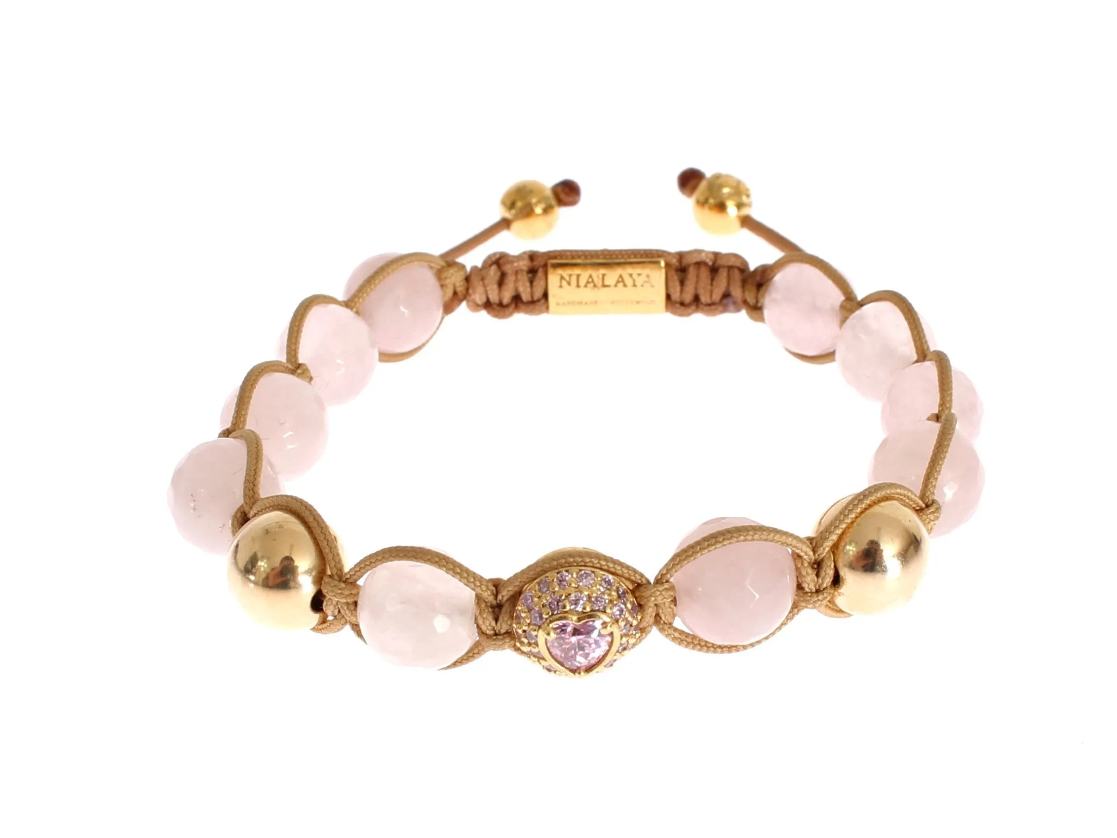 Rose Quartz CZ Heart Gold 925 Silver Bracelet