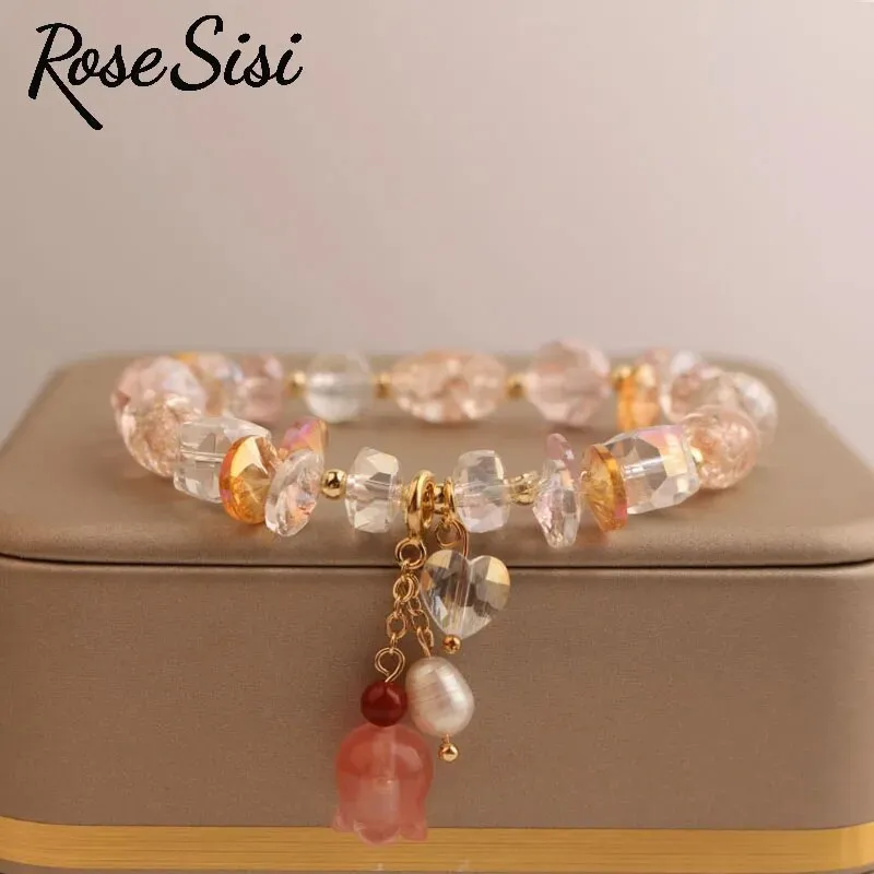 Rose sisi Korea bracelet fresh Bear pendant charm bracelet for women crystal beads jewelry for women leaf pendant gift