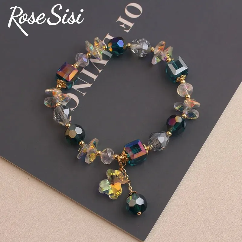 Rose sisi Korea bracelet fresh Bear pendant charm bracelet for women crystal beads jewelry for women leaf pendant gift
