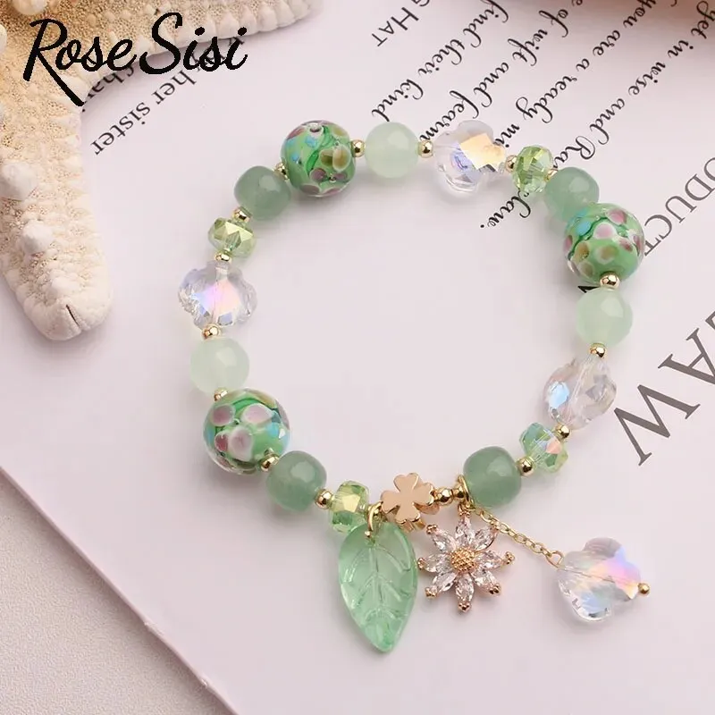 Rose sisi Korea bracelet fresh Bear pendant charm bracelet for women crystal beads jewelry for women leaf pendant gift