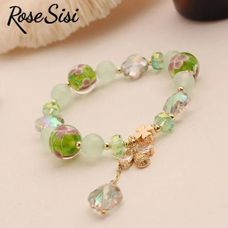 Rose sisi Korea bracelet fresh Bear pendant charm bracelet for women crystal beads jewelry for women leaf pendant gift