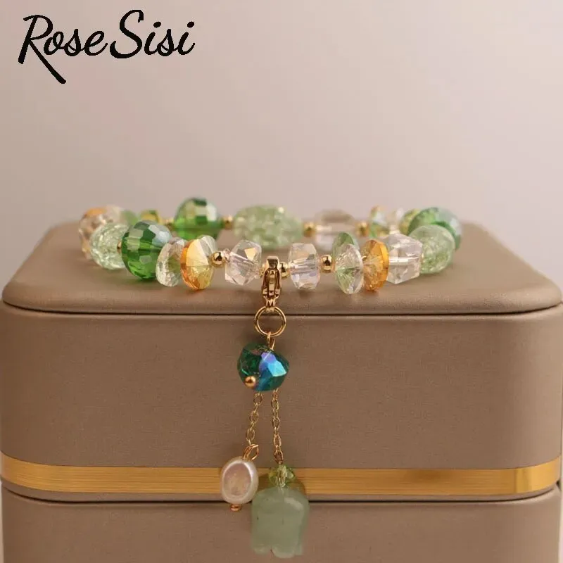 Rose sisi Korea bracelet fresh Bear pendant charm bracelet for women crystal beads jewelry for women leaf pendant gift