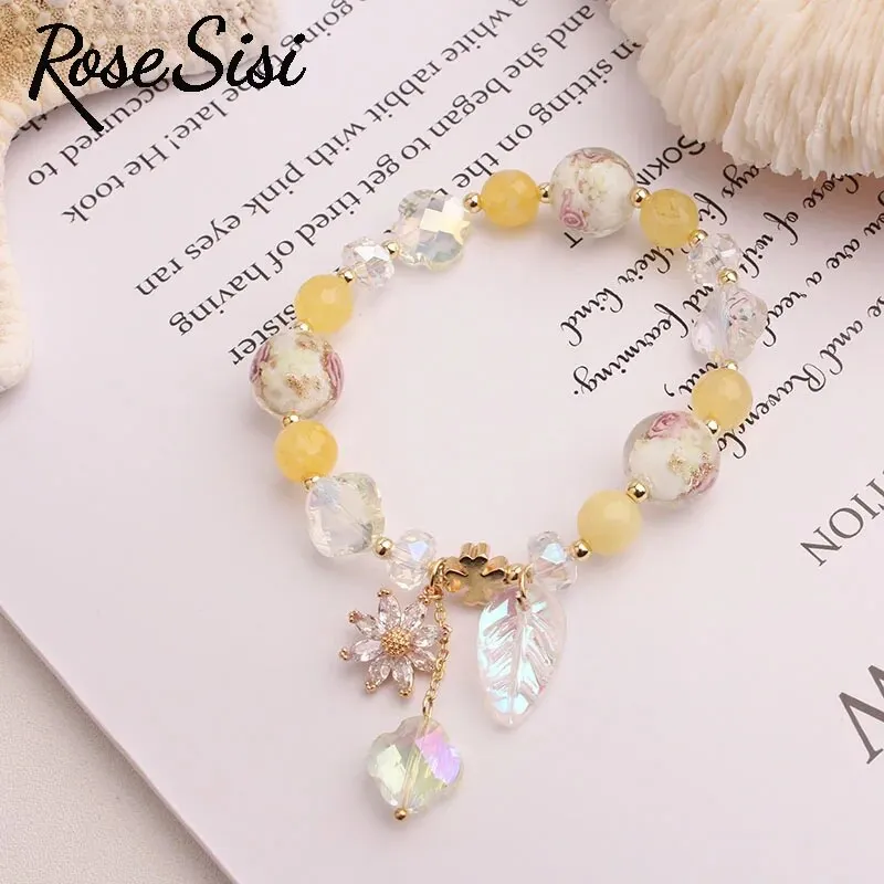 Rose sisi Korea bracelet fresh Bear pendant charm bracelet for women crystal beads jewelry for women leaf pendant gift