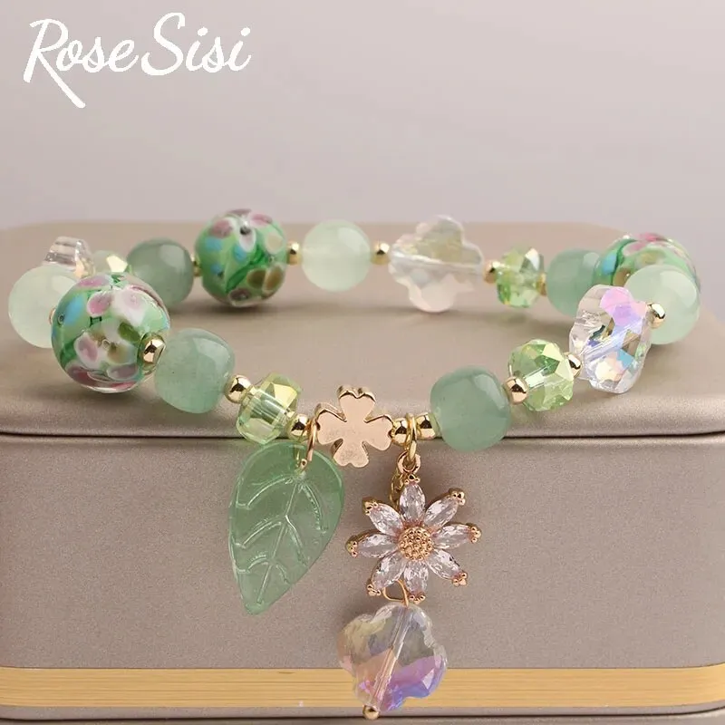 Rose sisi Korea bracelet fresh Bear pendant charm bracelet for women crystal beads jewelry for women leaf pendant gift
