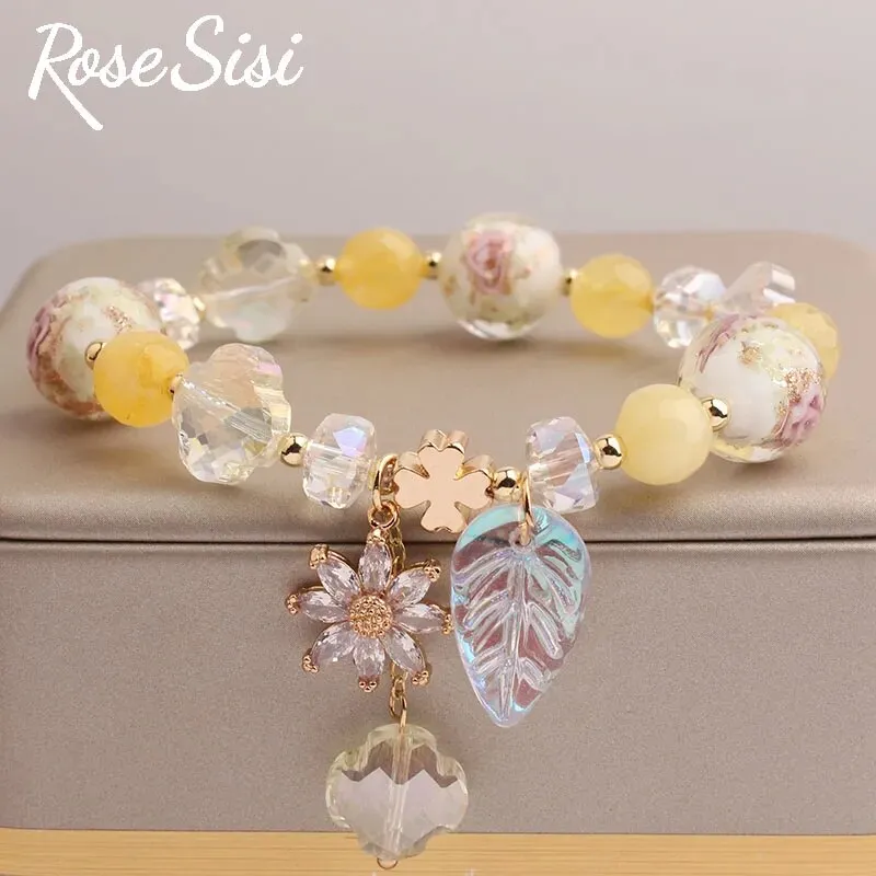 Rose sisi Korea bracelet fresh Bear pendant charm bracelet for women crystal beads jewelry for women leaf pendant gift